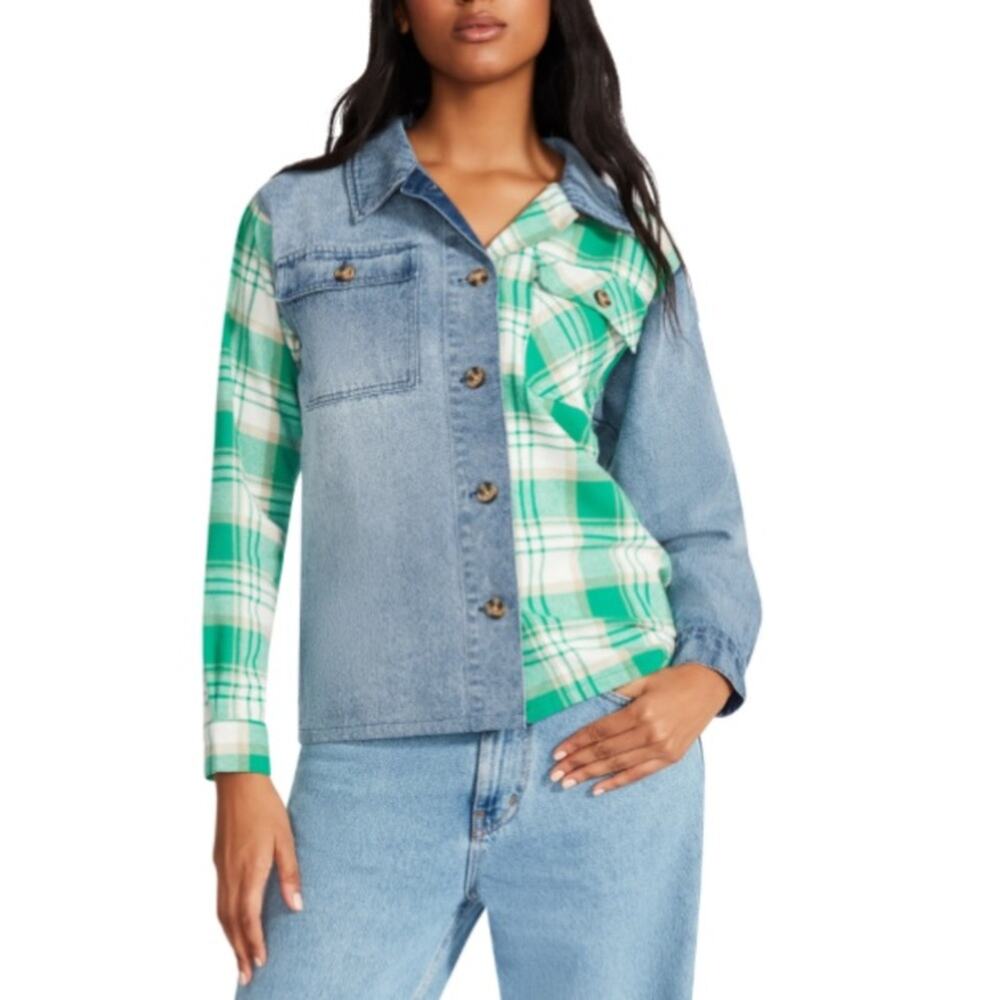 STEVE MADDEN Womens S Denim Flannel Mix Shirt Jacket Green Plaid NEW